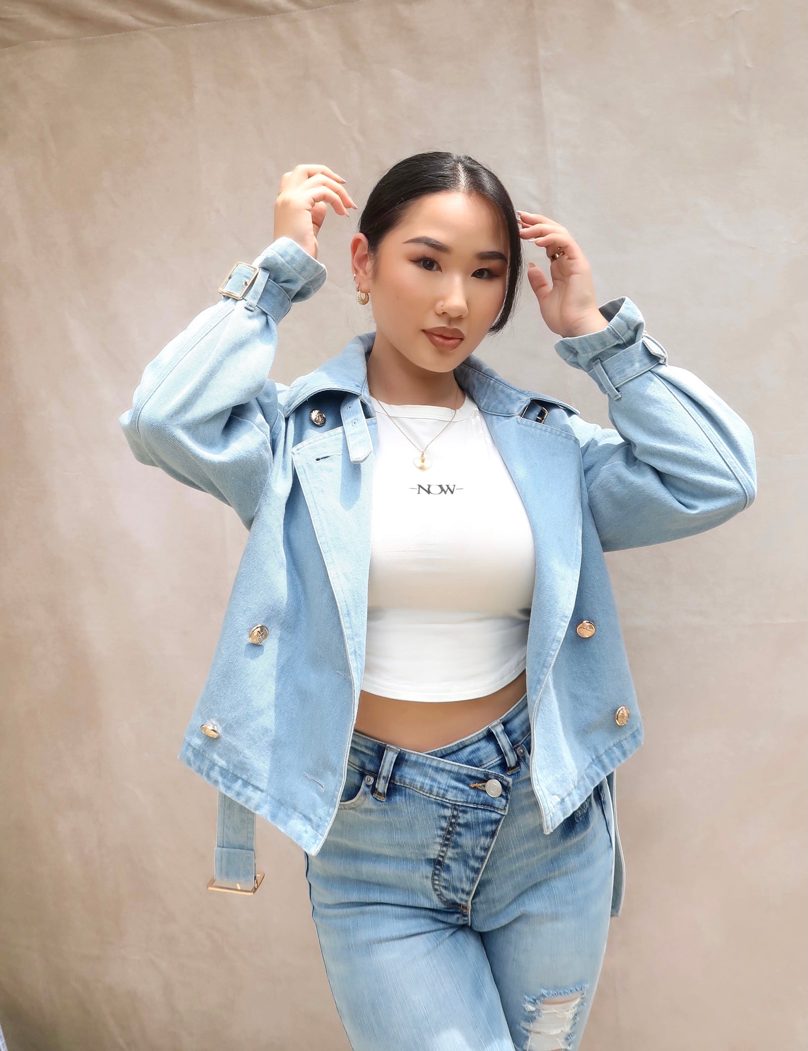 Rene 可愛いスライダー付デニム風ジャケット　34 極美品 ジャケット デニム レディース ライダース ジージャン 大人 上品